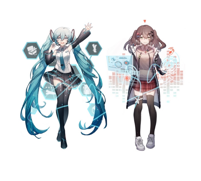 Hatsune Miku and a brunette girl with holographic displays