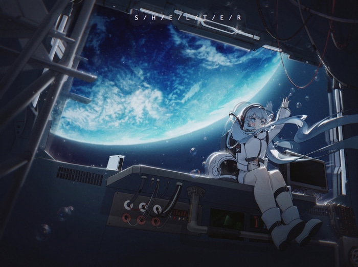 Hatsune Miku in a spaceship looking at Earth