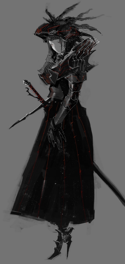 Anime character in dark armor with sword