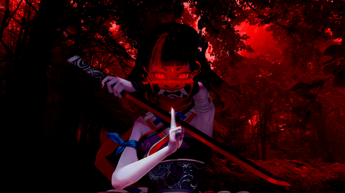 Anime girl with sword in red forest