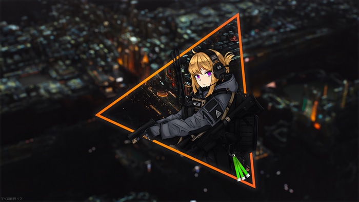 Anime girl with tactical gear in cityscape