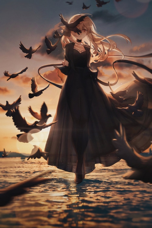 Girl in black dress with birds at sunset