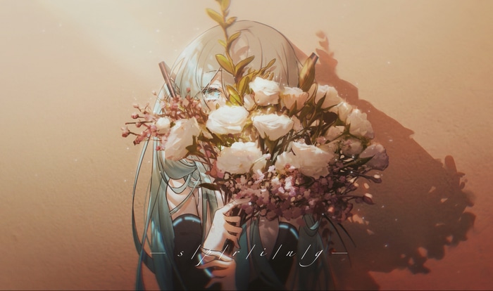 Hatsune Miku holding a bouquet of white roses