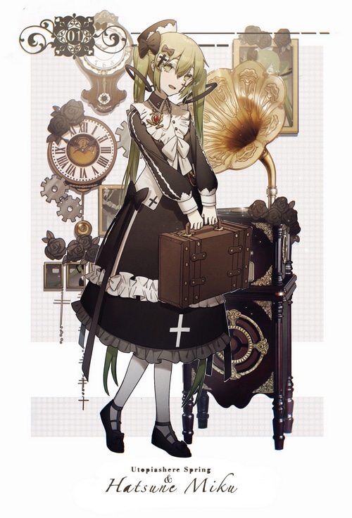 Hatsune Miku with a vintage gramophone and suitcase