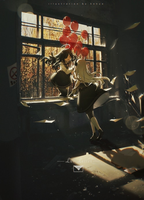 Anime illustration by KonYa with two girls and red balloons