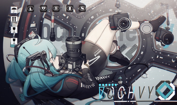 Hatsune Miku with cameras in a futuristic setting