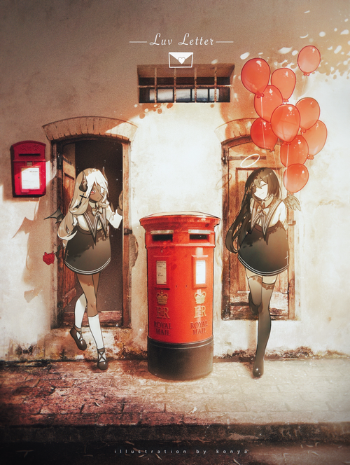 Anime girls with balloons and a mailbox