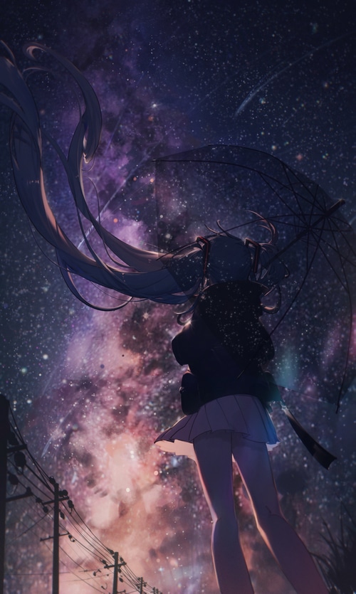 Hatsune Miku under a starry sky with an umbrella