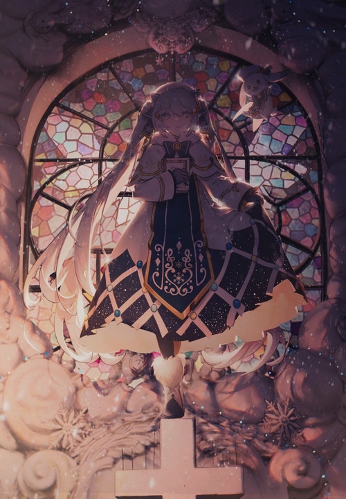 Hatsune Miku in a winter cathedral with stained glass