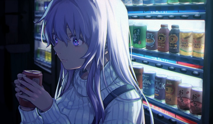 Girl with purple eyes holding a drink by a vending machine