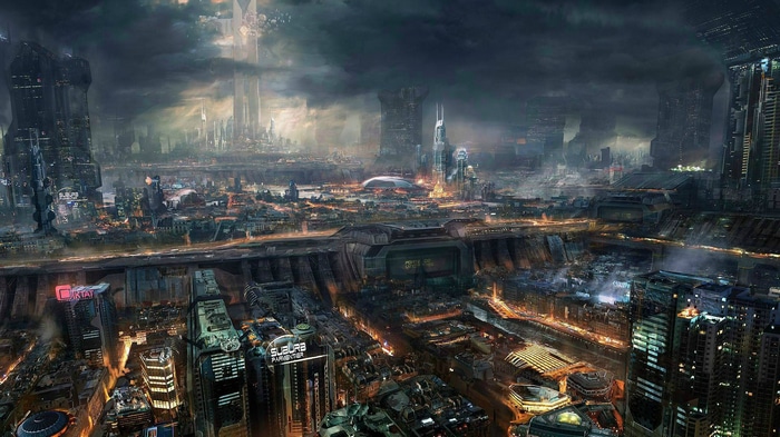 Cyberpunk futuristic city with towering skyscrapers