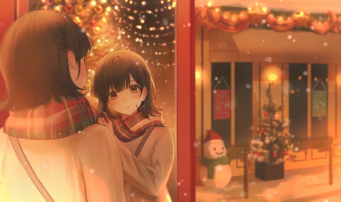 Two girls in scarves by a cafe during Christmas