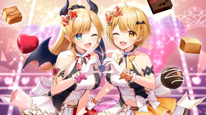 Yuzuki Choco and Momoshiki Tsubaki making heart shapes