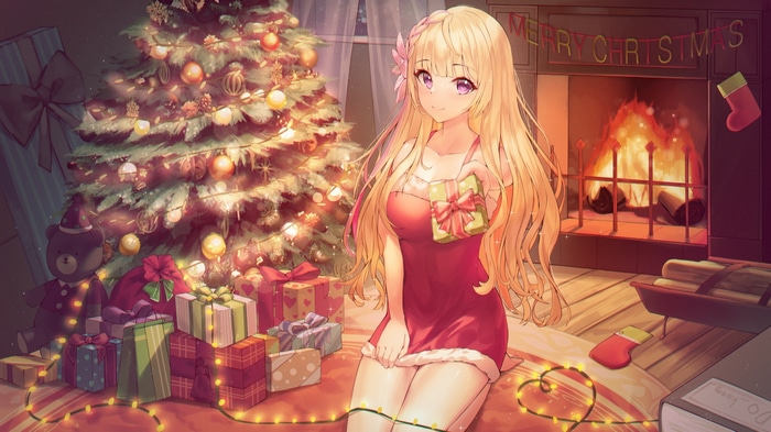 Anime girl in Christmas dress with presents