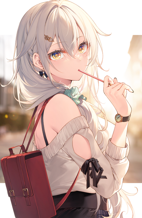 Anime girl with white hair and yellow eyes eating a snack