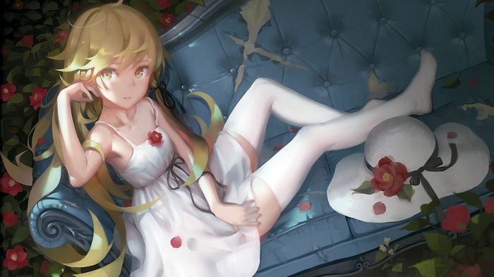 Oshino Shinobu in a white dress on a couch