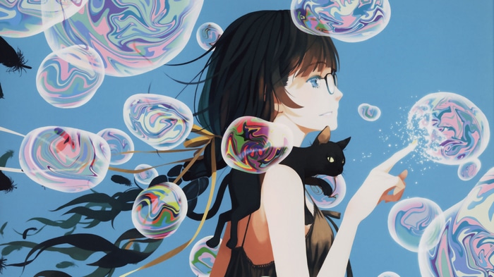 4K Hanekawa Tsubasa with cat and bubbles