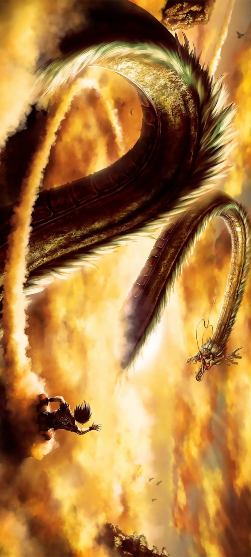 Shenron and Goku in an orange sky