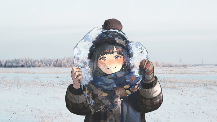 Girl holding ice in a snowy field