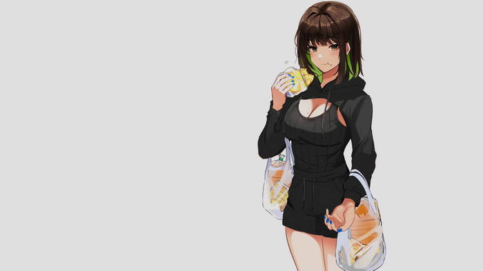 Anime girl in black hoodie eating food