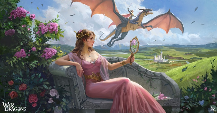 Woman in pink dress holding a mirror with a dragon flying