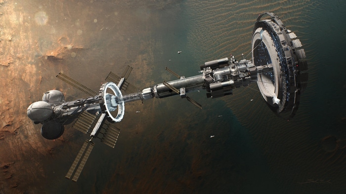 Artwork of a space station orbiting a planet