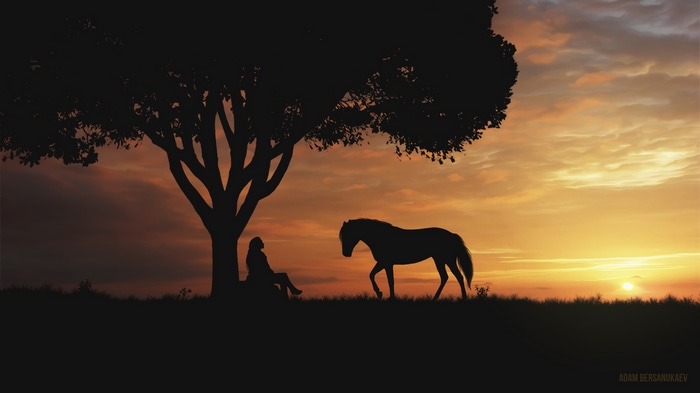 Silhouette of a person and horse under a tree at sunset