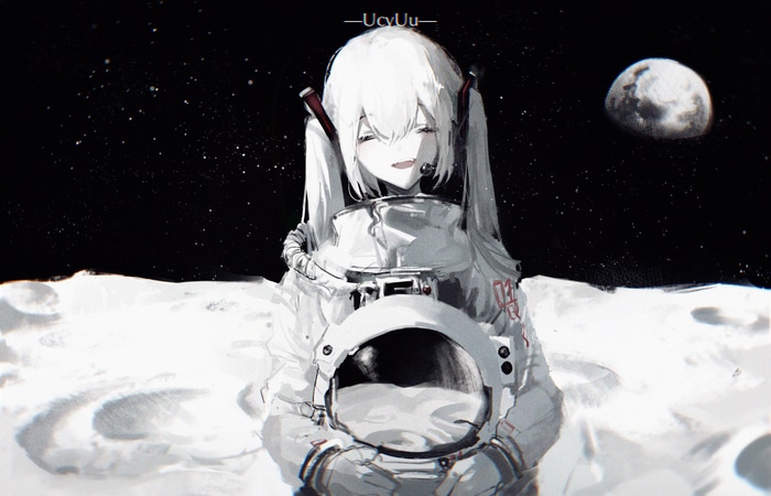 Astronaut girl on the moon with Earth in the background