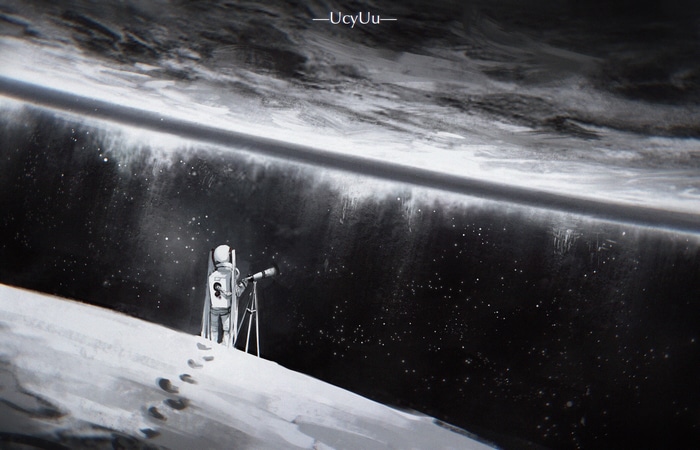 Astronaut with telescope looking at a planet