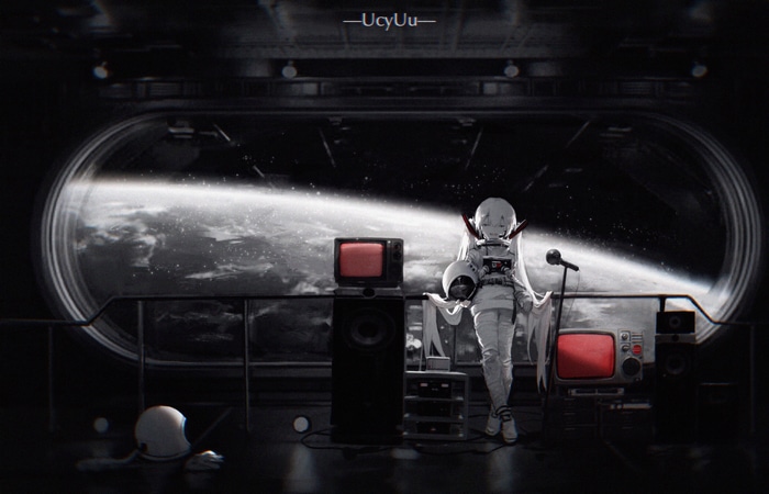 Hatsune Miku in an astronaut suit with vintage TVs
