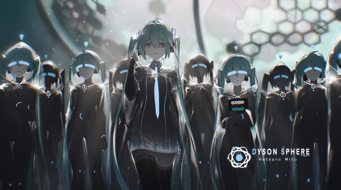 Hatsune Miku and clones in futuristic outfits