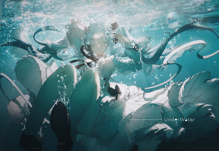 Hatsune Miku underwater in a white dress