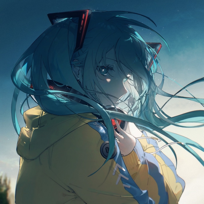 Hatsune Miku wearing headphones and a yellow jacket