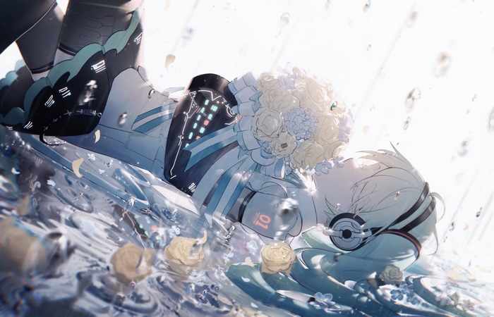 Hatsune Miku in a futuristic suit with flowers