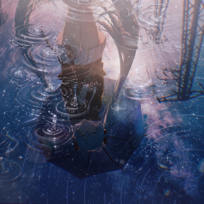 Hatsune Miku reflected in the rain with an umbrella