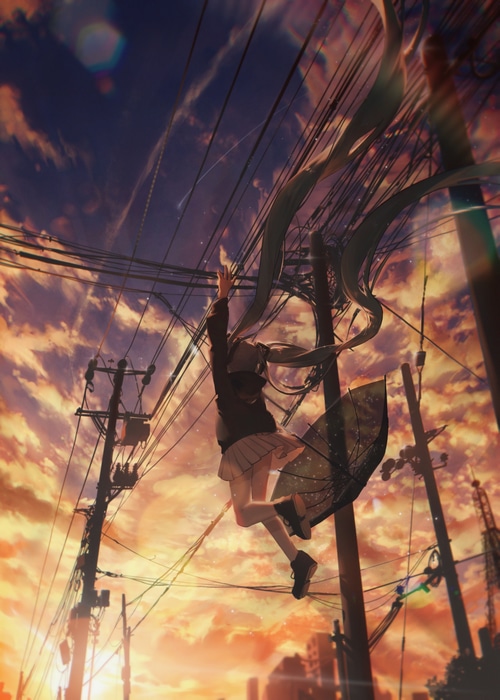 Hatsune Miku jumping near power lines at sunset
