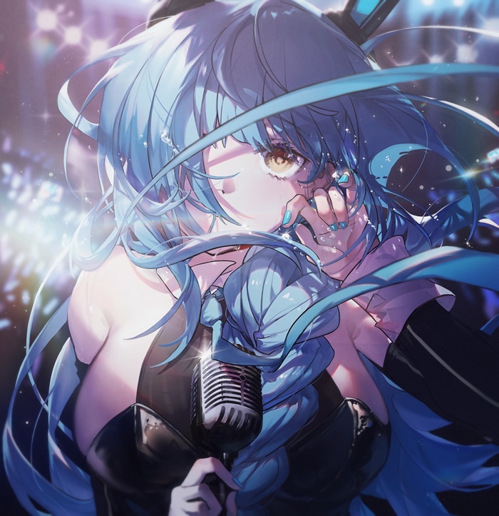 Anime girl with blue hair singing into a microphone