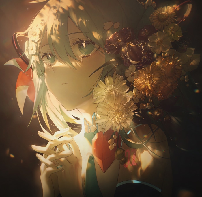 Anime girl with flowers and tears