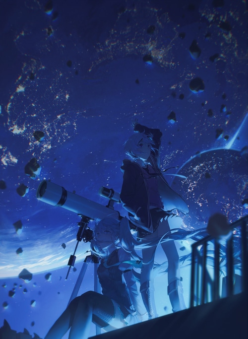 Hatsune Miku and friend stargazing with a telescope