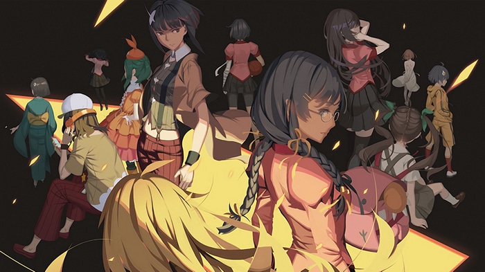 Monogatari Series characters in a dark setting with yellow accents
