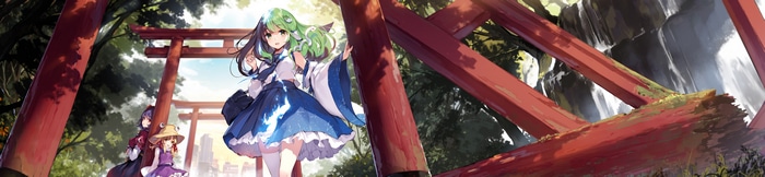 Touhou characters Yasaka Kanako, Moriya Suwako, and Kochiya Sanae near torii gates