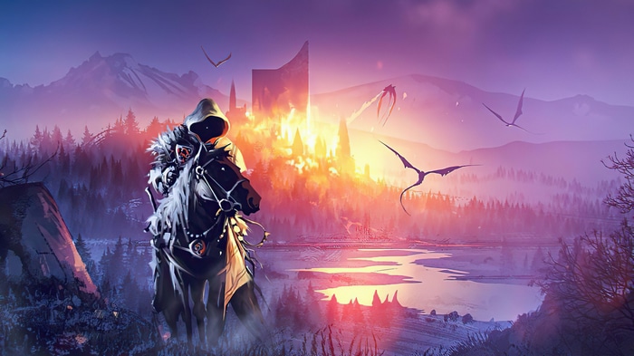 4K Warrior on Horseback with Dragons and Burning City