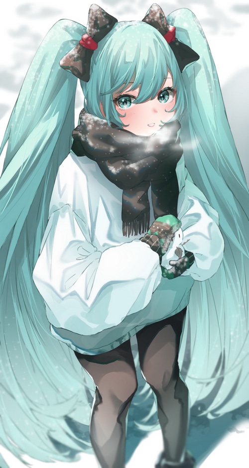 Hatsune Miku in a winter scene with a scarf and gloves