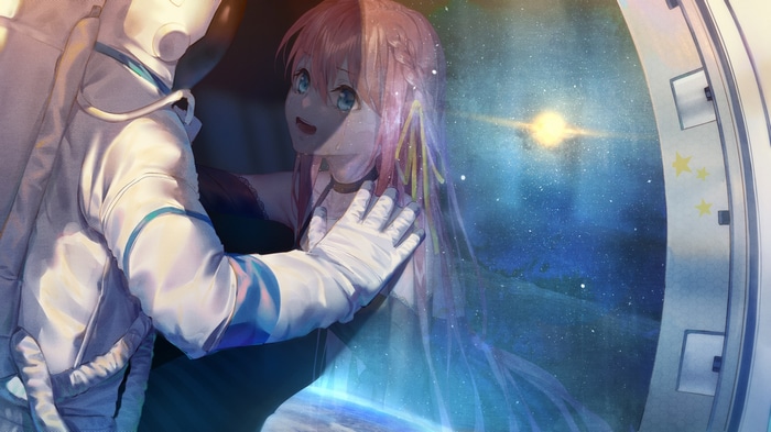 Astronaut reaching for a girl in space