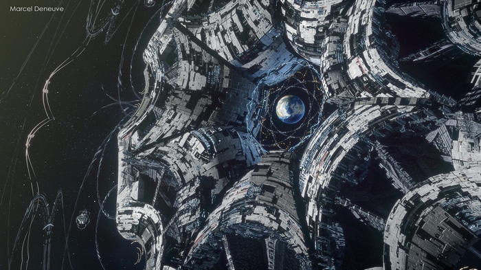 Marcel Deneuve's science fiction space station with Earth