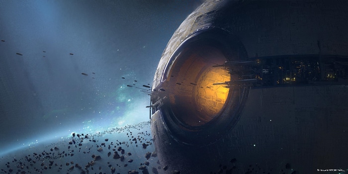 Science fiction artwork of a large spaceship in space