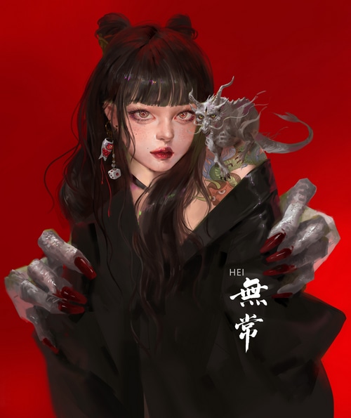 Fantasy girl with a dragon and demonic hands