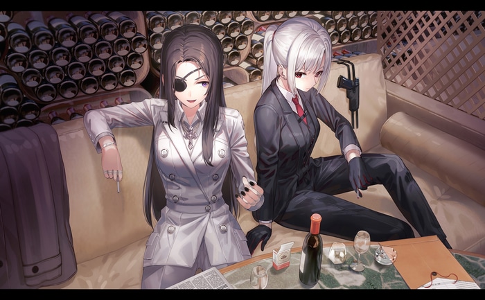 Two women in suits with wine and cigarettes