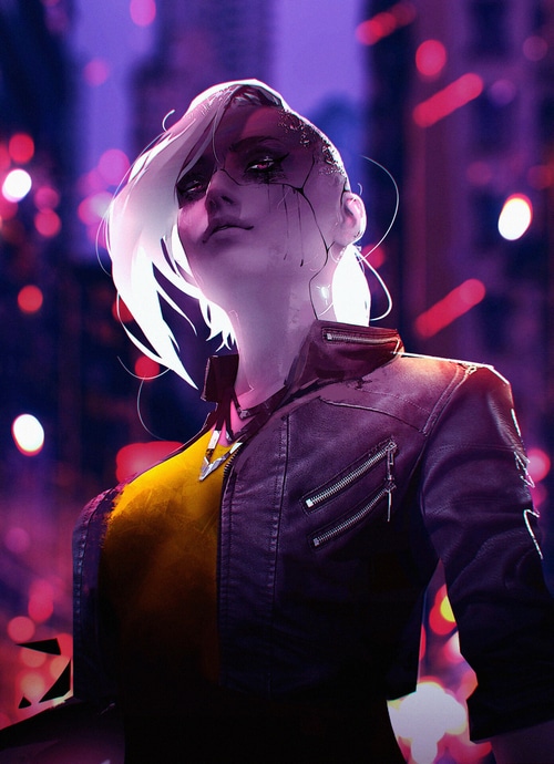 Cyberpunk character with white hair and leather jacket
