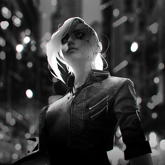 Cyberpunk woman with cracked face in monochrome city